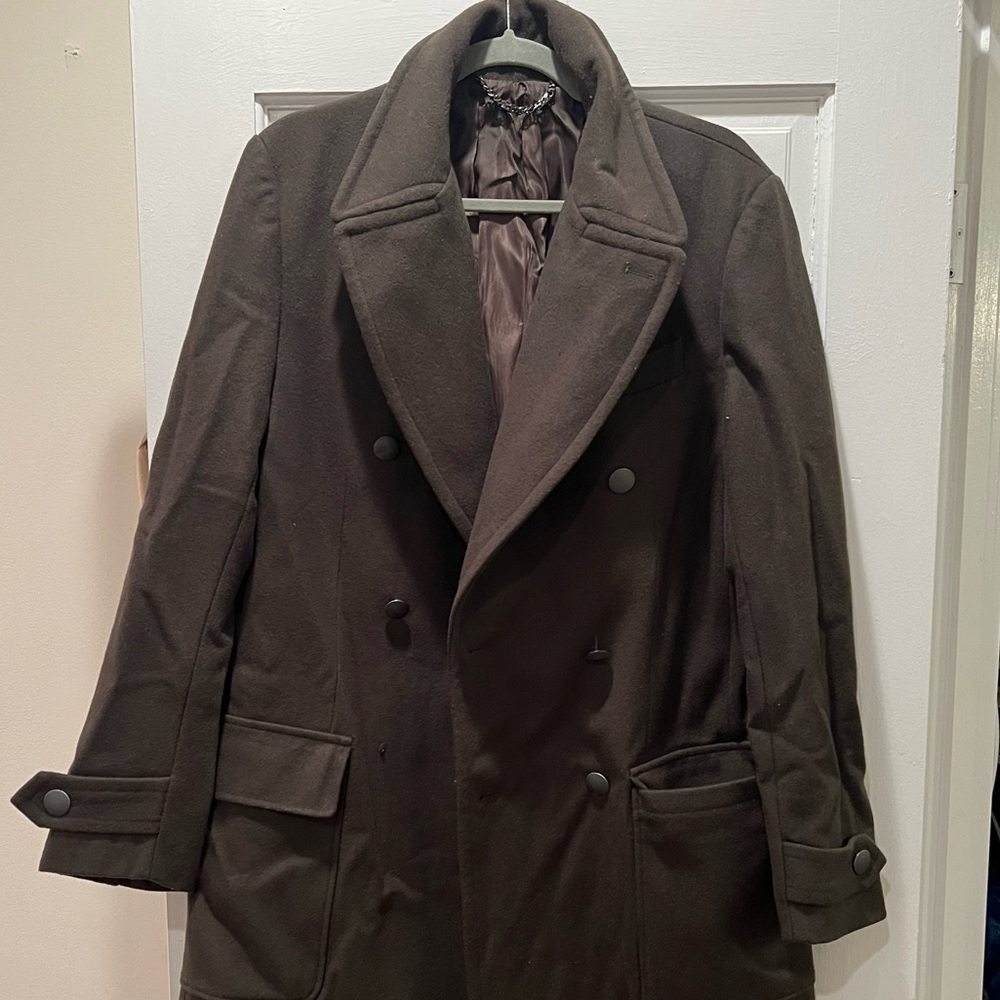 Excellent condition Mango wool blend men’s double breasted overcoat, dark green